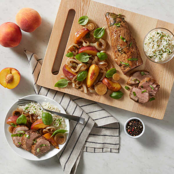 Recipe for Marinated Pork Tenderloin with Peaches, Onions, and Basil 