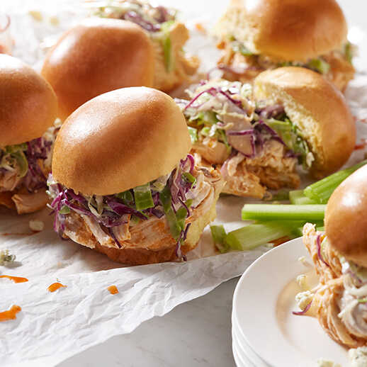 Recipe for Slow Cooker Buffalo Chicken Sliders with Blue Cheese Slaw