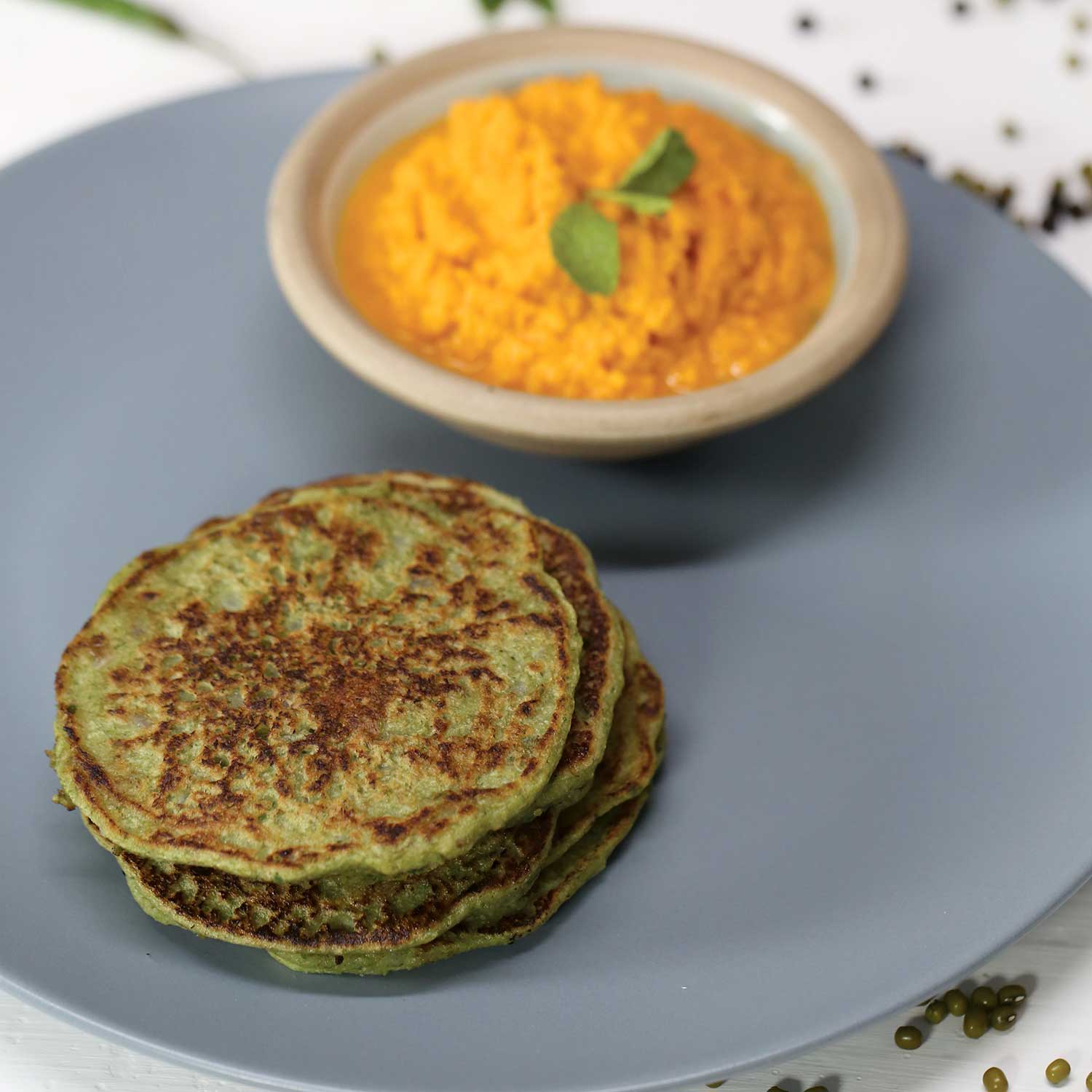 Mung Bean Pancakes, Roasted Tomato Coconut Chutney