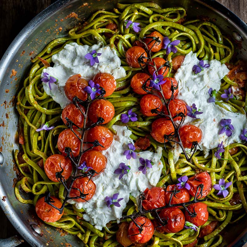 Spinach Fettuccine with Burrata and Burst Cherry Tomato Sauce